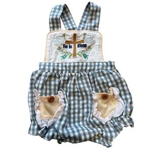 Honey Bean Baby Easter Gingham Cross He Is Risen Romper Bubble Outfit 6m